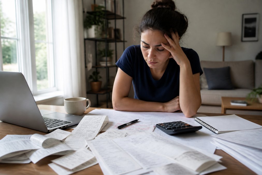 A freelancer sitting at a home desk surrounded by scattered paper receipts and a laptop, looking overwhelmed during tax season with a coffee cup nearby