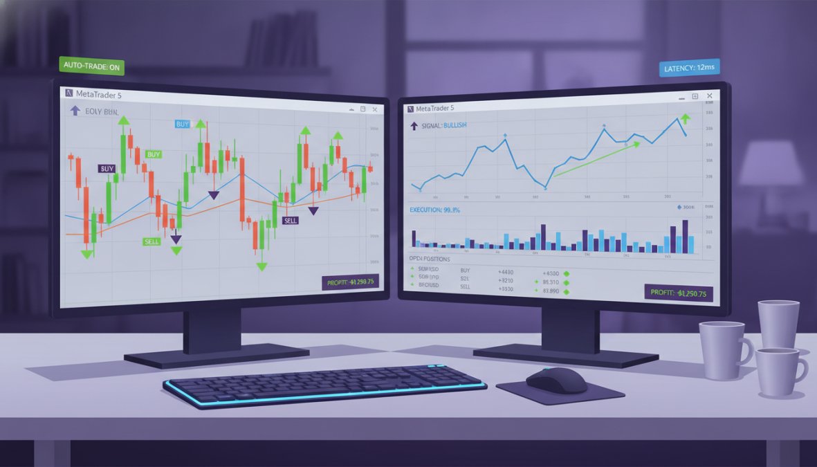 Close-up of a trader's dual-monitor setup showing MetaTrader charts with active algorithmic trading signals and candlestick patterns in a dimly lit home office