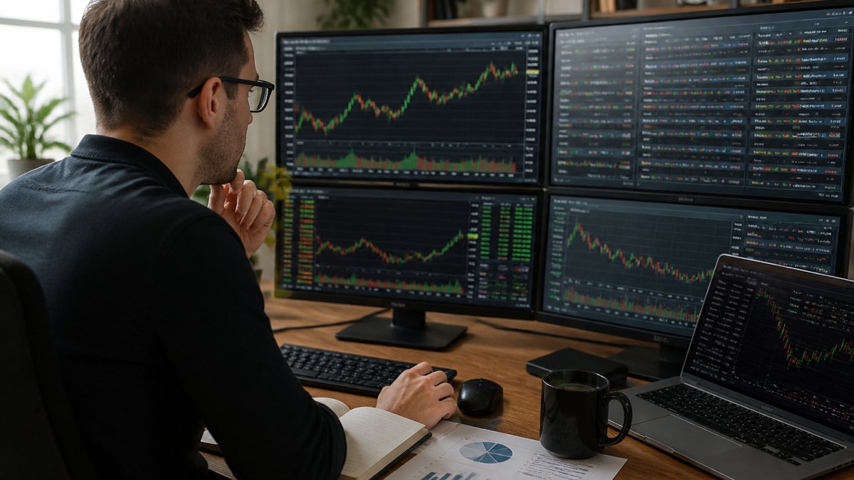 Investor reviewing performance metrics on monitors to make automated trading profitable