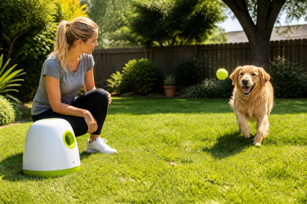 Dog owner supervising a golden retriever during outdoor fetch play with ball launcher in bright daylight, maintaining close distance and engaged attention on the dog's movements and behavior
