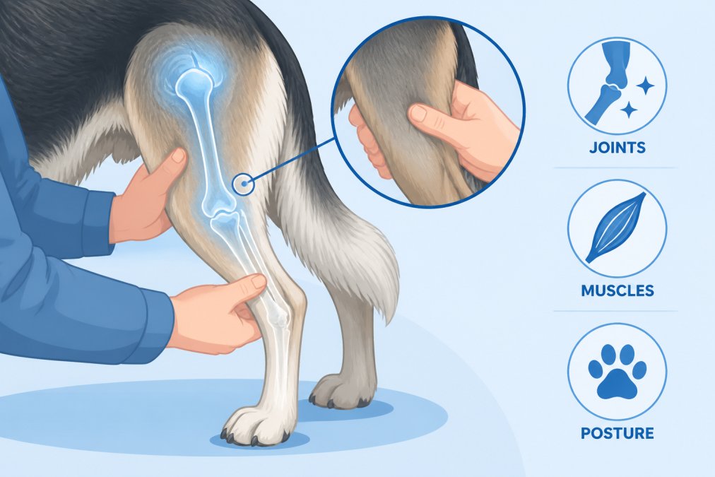 Close-up of a dog's hind legs and joints at rest after play session, showing healthy posture, with owner's hands gently checking for signs of strain or swelling in the rear leg muscles