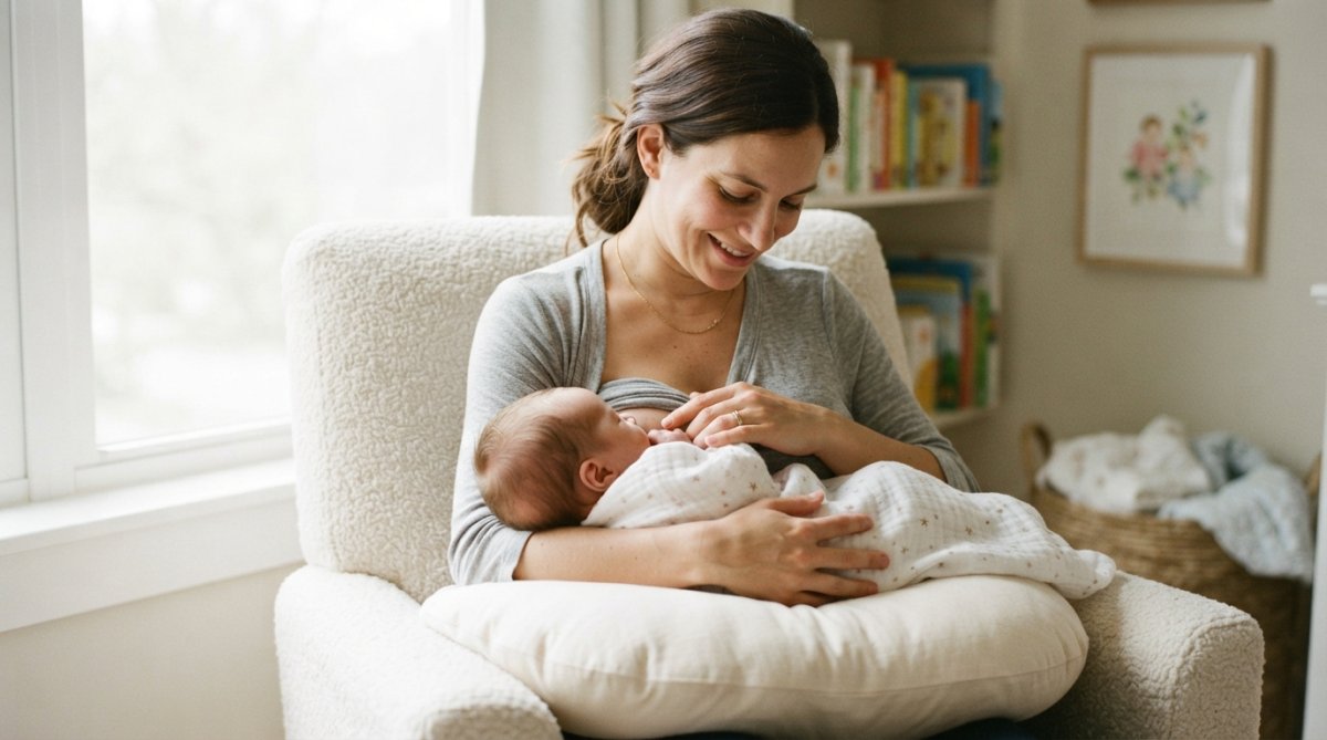 A calm mother breastfeeding her newborn in a comfortable armchair, using a V-shaped nursing pillow for support, soft natural light streaming through nursery window