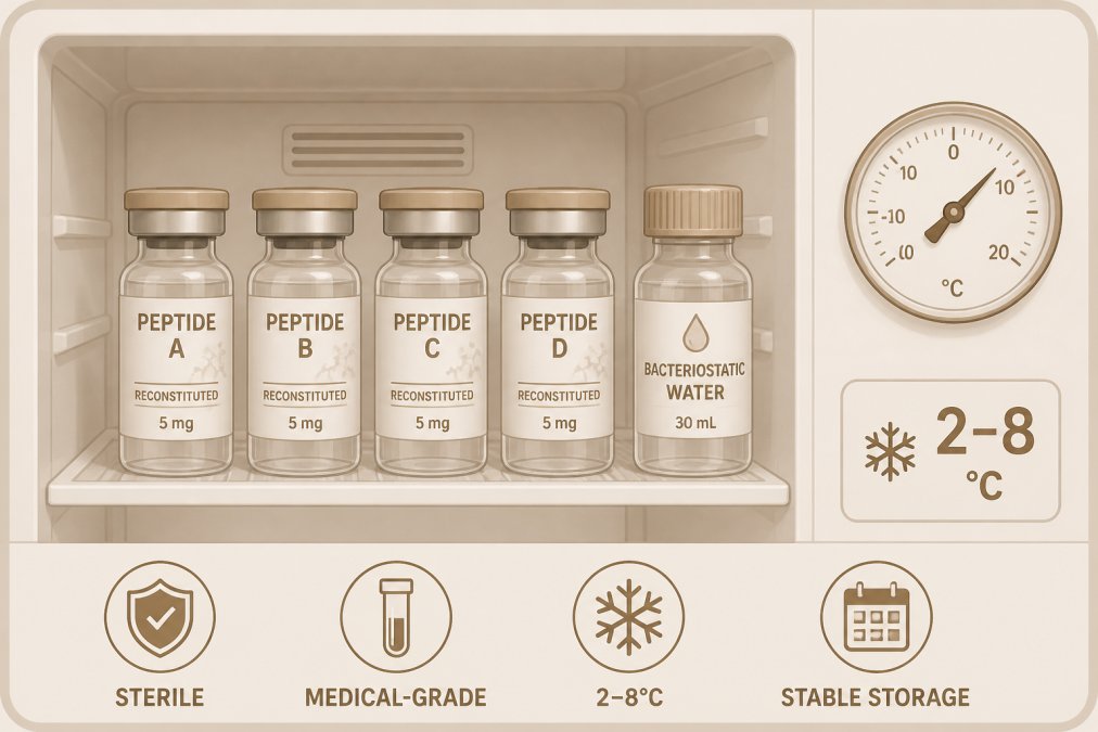 Close-up of reconstituted peptide vials stored in a refrigerator with temperature gauge visible, showing proper storage setup with medical-grade containers