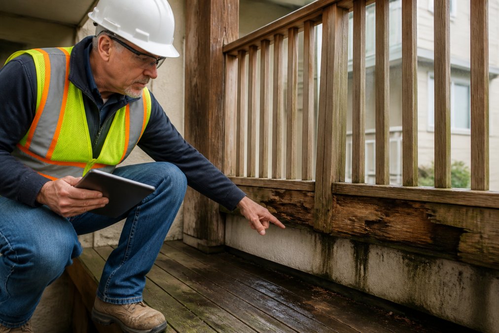 A licensed inspector in safety gear examining a residential wooden balcony, pointing at visible rot and water staining on the deck boards and railing base