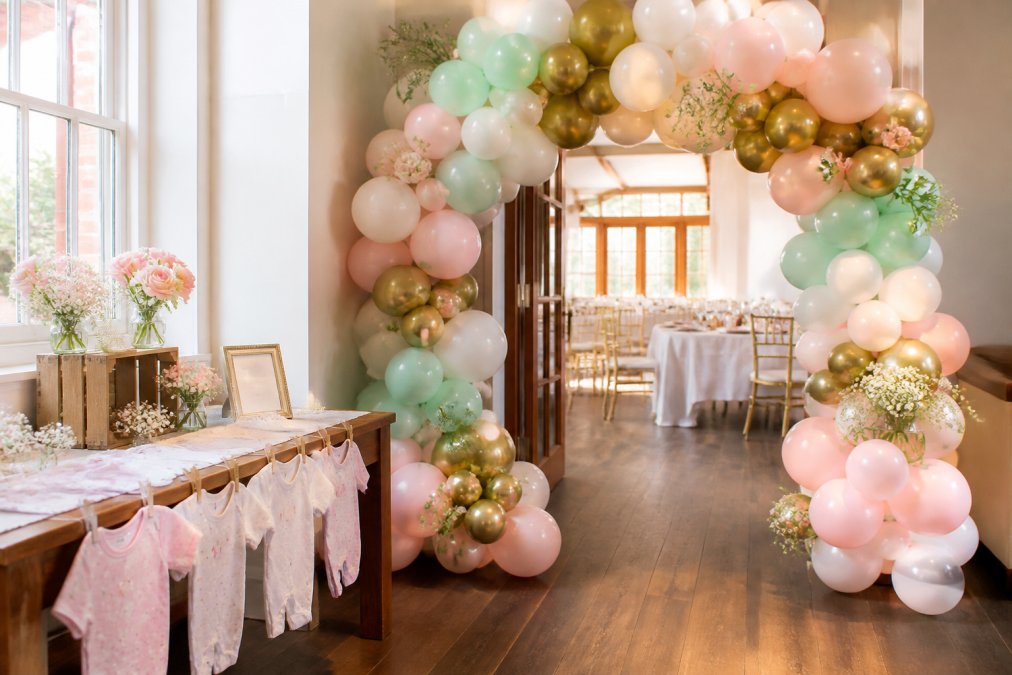 A beautifully styled baby shower entryway with a pastel balloon arch in soft pink, mint, and gold, framed by a decorated table with onesies and a welcome sign, natural light streaming in from a window