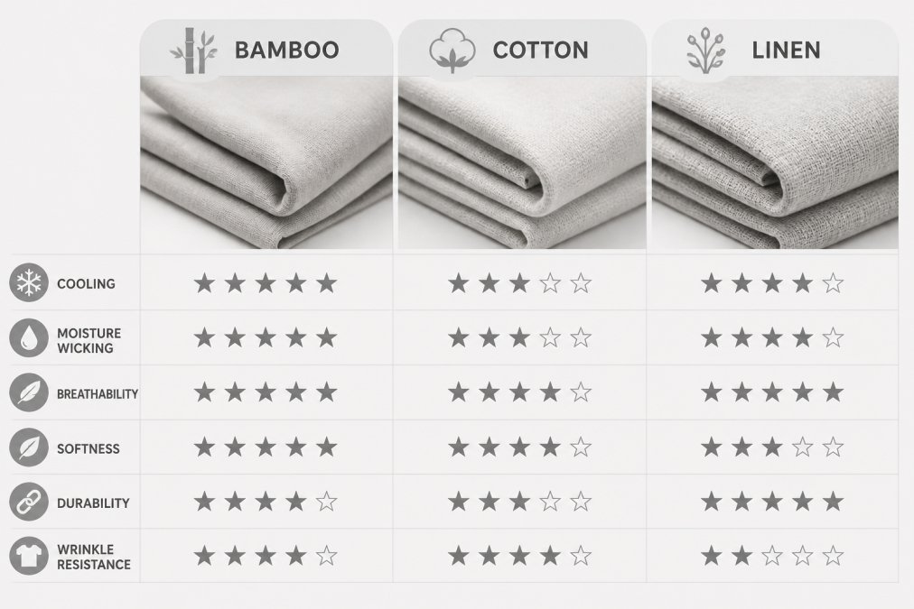 Close-up flat lay of folded fabric swatches in soft neutral tones: bamboo, cotton, and linen samples arranged side by side on a bright white surface, natural overhead lighting showing texture differences