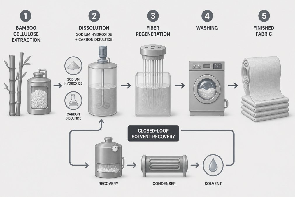 Flowchart showing the viscose from bamboo production process: bamboo cellulose extraction, dissolution with sodium hydroxide and carbon disulfide, fiber regeneration, washing, and finished fabric, with a closed-loop solvent recovery branch returning solvent to the dissolution step