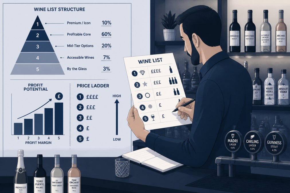 Bar manager reviewing a printed wine menu at the bar counter, holding a pen, writing notes, with bottles visible on shelves behind in warm ambient lighting