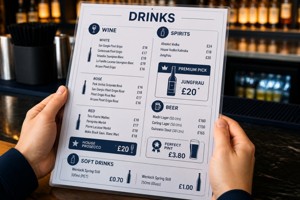 Close-up of hands holding a laminated drinks menu in a modern bar setting, with warm lighting highlighting the menu layout and typography clearly visible