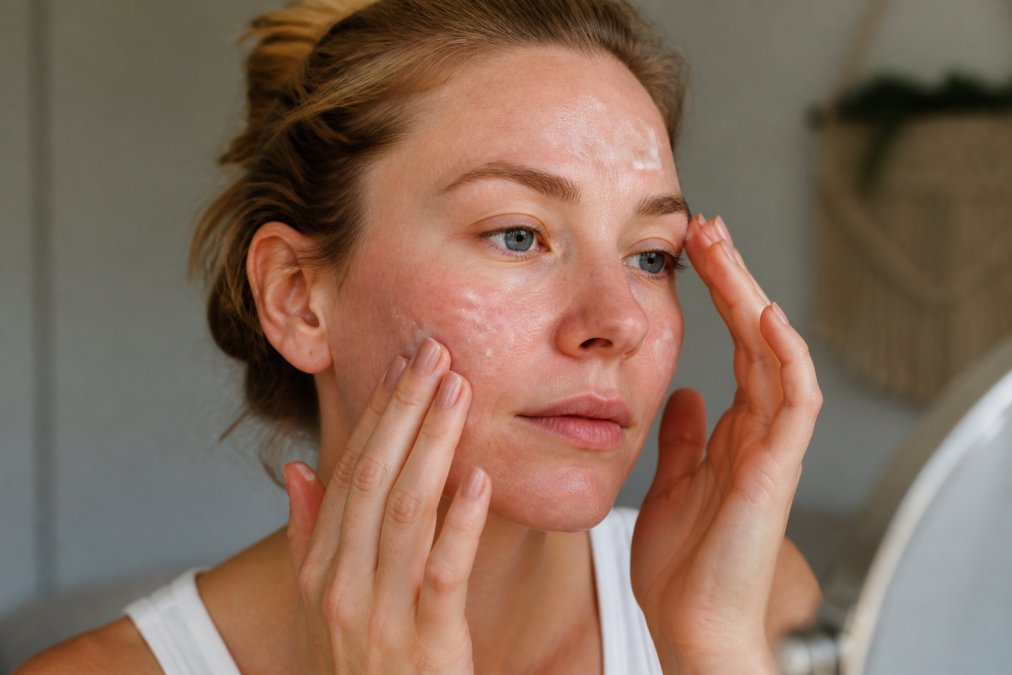 Person with sensitive skin gently applying a cream to their face, showing close-up of hands smoothing moisturizer across cheeks and forehead with delicate, careful motions
