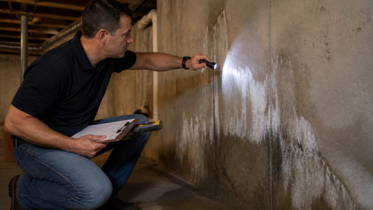 Contractor inspecting basement walls for moisture and foundation issues to determine if basement finishing worth it
