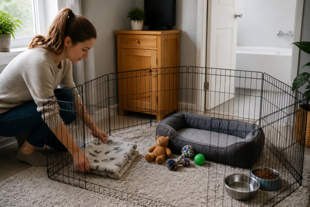 Pet owner preparing a temporary pet enclosure with blankets, water bowls, and toys arranged in a separate room away from the bathroom, natural afternoon light streaming through a window