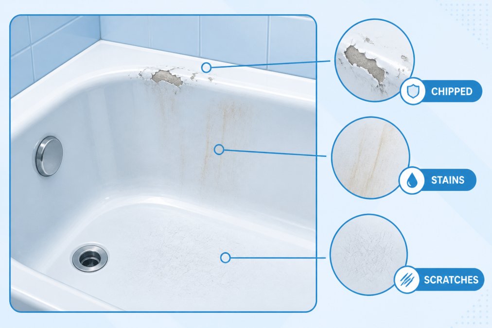 Professional inspector examining a worn bathtub surface with visible chips and stains, using a flashlight to inspect edges and caulking in a typical residential bathroom