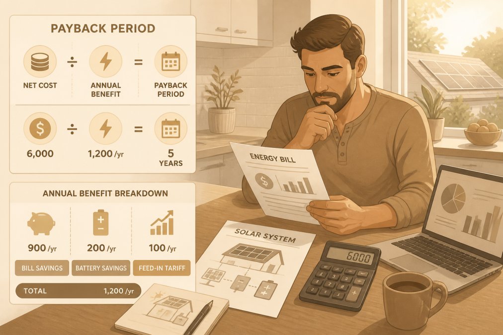 Homeowner reviewing energy bills and solar system documents at a kitchen table with a calculator and laptop, natural afternoon light streaming through the window