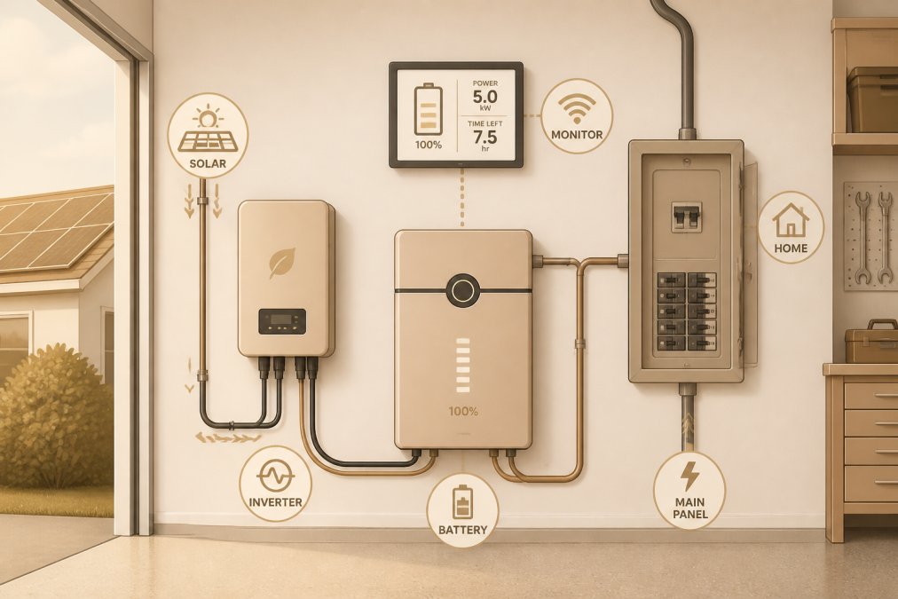 Solar battery system installed on a residential property wall showing visible connections, monitoring display screen, and integration with home electrical panel in a clean garage setting