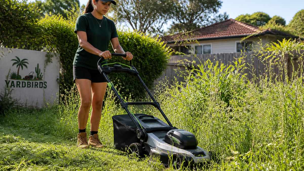 Cordless lawn mower cutting through dense, overgrown grass and wild weeds in a suburban garden setting on a bright afternoon