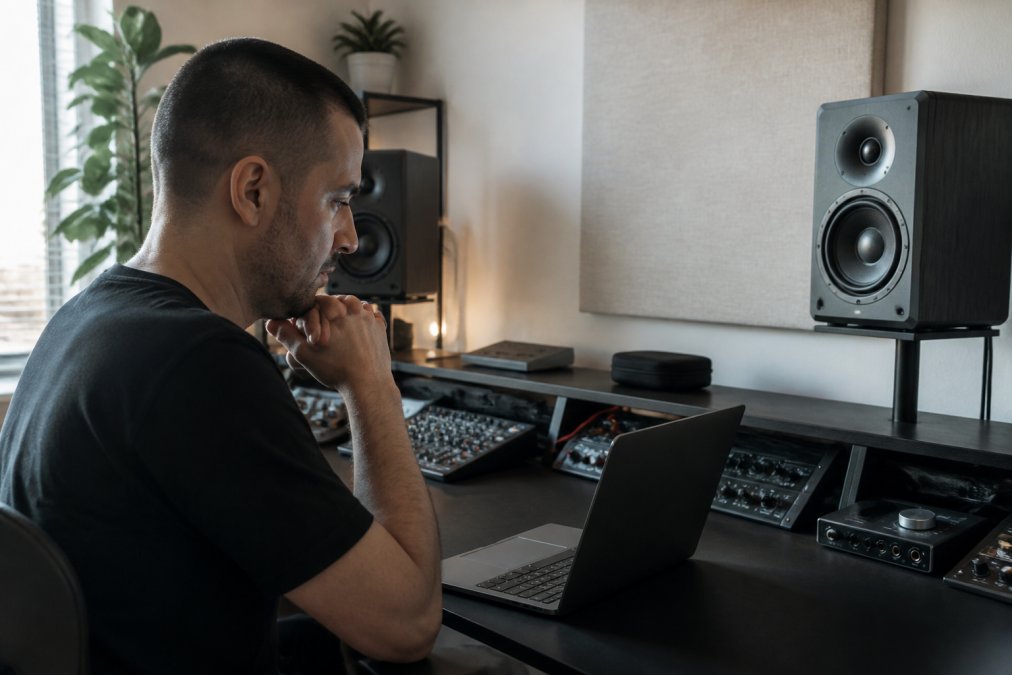 Independent electronic music label manager reviewing detailed royalty breakdowns and streaming analytics on a laptop screen in a home studio with studio monitors and mixing equipment visible