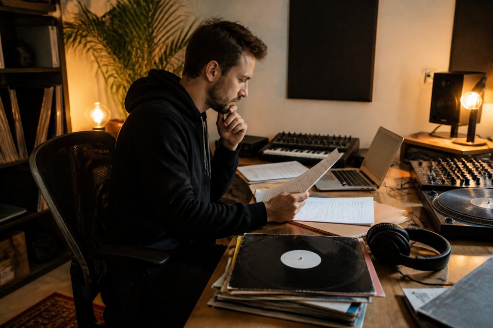 Independent electronic music label founder working at a desk surrounded by music production equipment, headphones, laptop displaying analytics, and vinyl records in a creative studio space with warm lighting