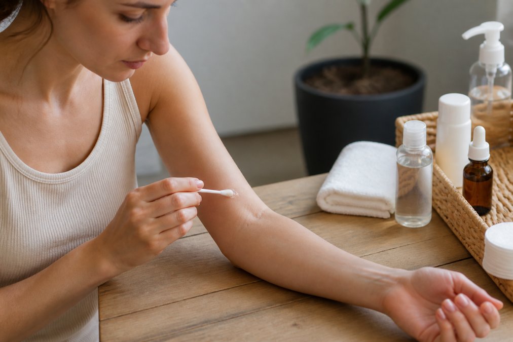 Woman applying a drop of serum to her inner forearm to ensure the bee venom safe product is non-irritating.