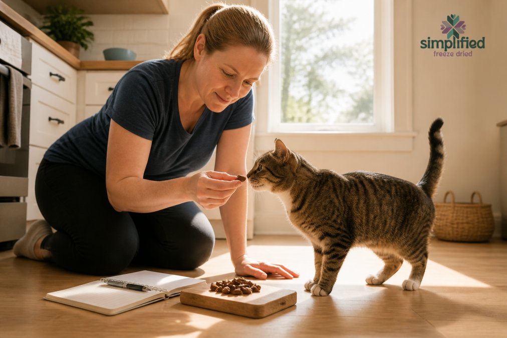 A cat owner kneeling on a kitchen floor offering a small piece of freeze-dried beef liver to a curious cat, with a small notebook nearby for tracking responses, warm afternoon light through a window