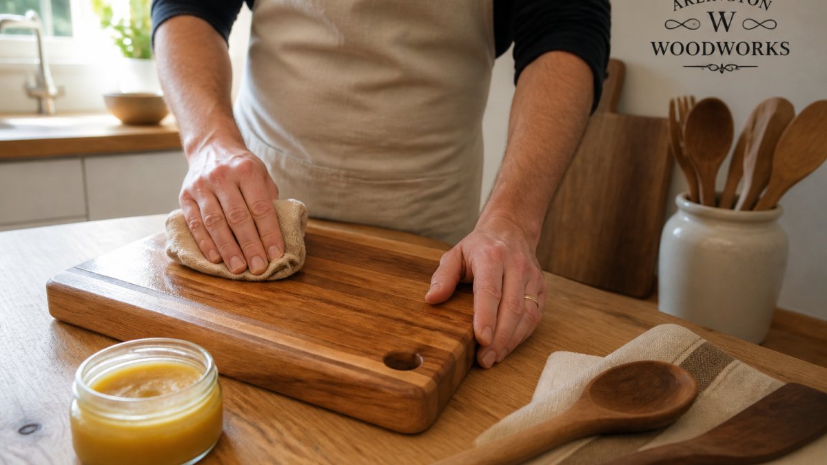 Hands applying natural beeswax wood balm to a wooden cutting board in a bright kitchen setting