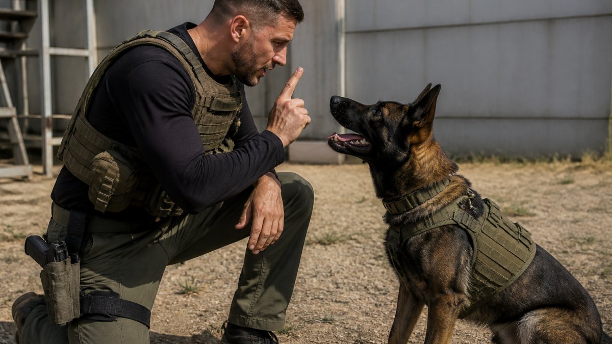 K9 handler in tactical gear working alongside German Shepherd during high-intensity training scenario, showing focused communication and trust between officer and dog in outdoor training facility