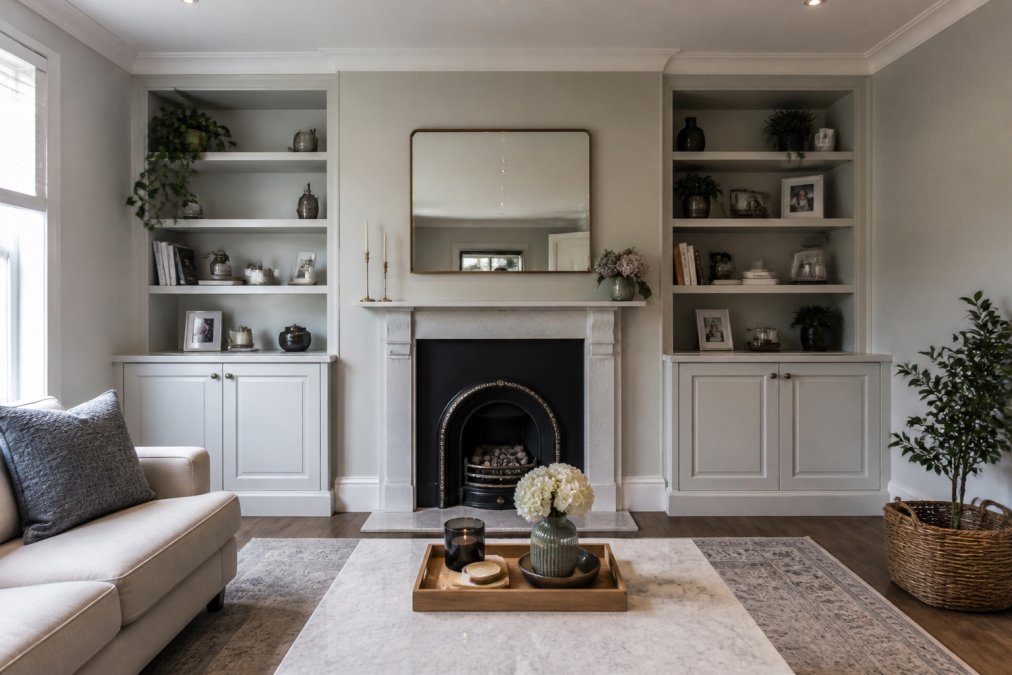 Modern living room with seamlessly fitted bespoke alcove storage featuring integrated shelving, soft-close doors, and custom joinery work that perfectly frames a fireplace, demonstrating premium finish and spatial optimization