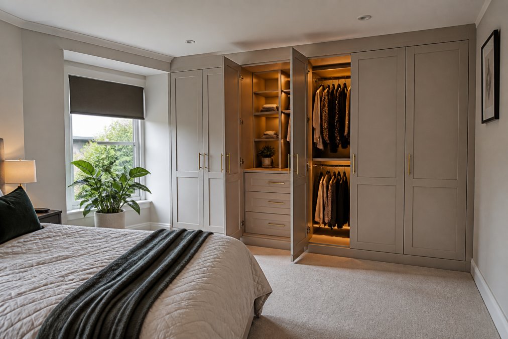 Spacious, elegantly organized master bedroom featuring floor-to-ceiling bespoke fitted wardrobes with seamless integration into alcoves, soft-close doors, and internal lighting, demonstrating how custom joinery maximizes storage while enhancing room aesthetics and perceived space