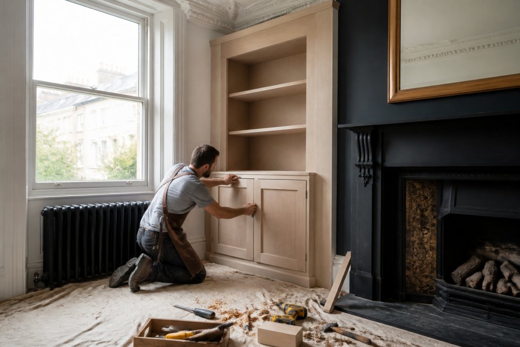 A joiner in a work apron fitting a bespoke built-in cabinet into an awkward alcove in a Victorian-era living room, tools and timber shavings scattered on a dust sheet nearby, natural window light