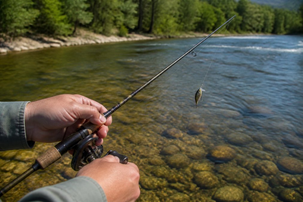 Close-up of an angler's hands holding a light power lure rod with a tiny crankbait attached, set against a clear shallow river with a rocky bottom, bright daylight