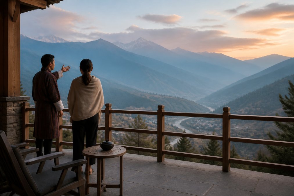 Guest and guide admire a Himalayan valley view from a luxury lodge deck during a Bhutan luxury travel experience.