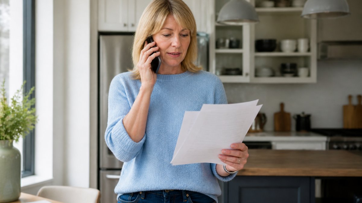 Woman reviewing insurance documents and making a phone call to her insurance company, sitting at a desk with a notepad and pen