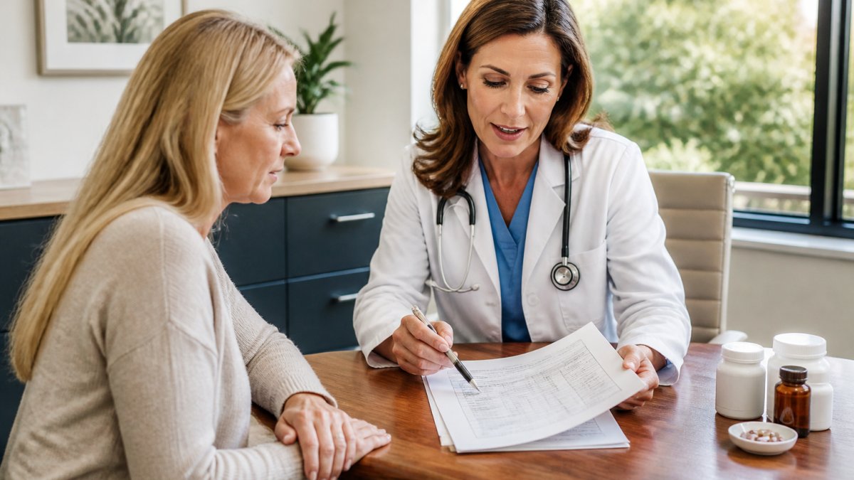A clinician and patient reviewing a lab report and medication schedule together at a desk in a calm, well-lit clinic office