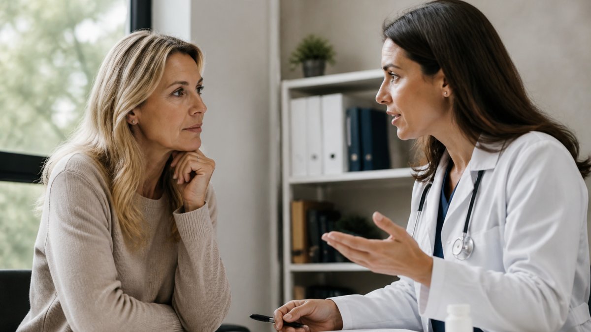 Professional healthcare provider in modern clinical setting consulting with middle-aged patient during personalized hormone therapy discussion, natural office lighting