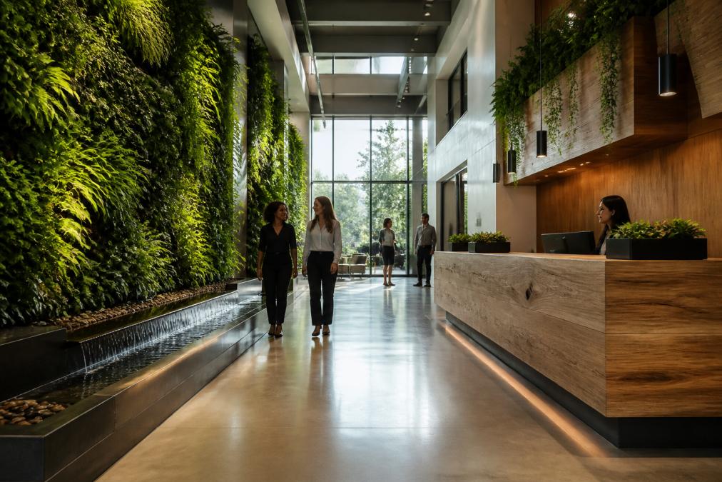 Contemporary corporate office lobby featuring cascading living green walls with lush foliage, natural wood reception desk, water feature with gentle flowing water, large windows with natural daylight, employees and visitors interacting in the space, modern and serene atmosphere