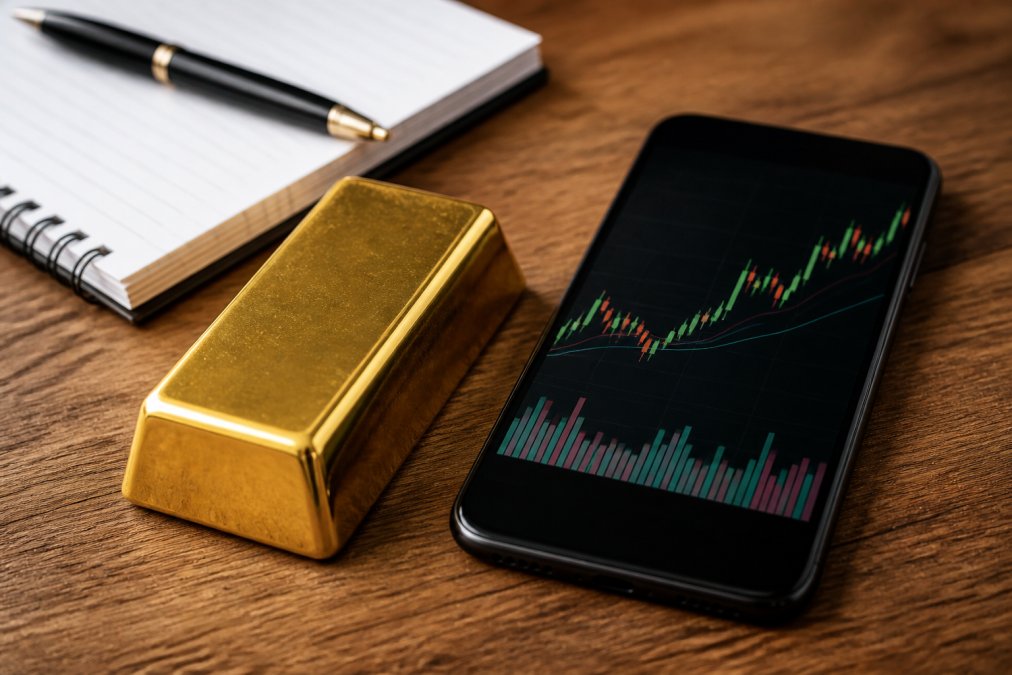 A close-up photograph of a physical gold bar resting next to a smartphone displaying a Bitcoin price chart on a wooden desk, with a notebook and pen nearby