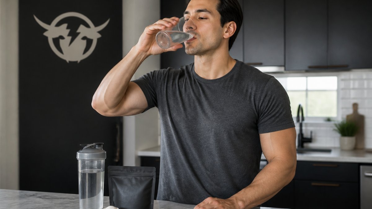 Person drinking water from a glass with electrolyte powder packet nearby on a kitchen counter, showing hydration support during diet transition