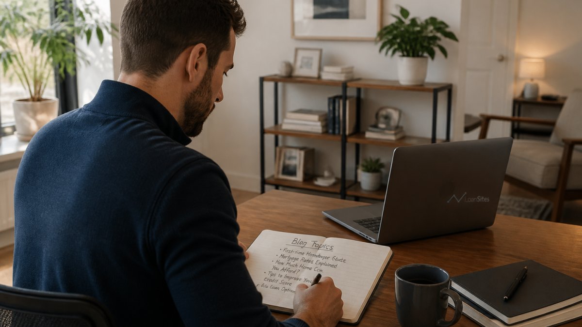 A mortgage broker at a desk with a laptop showing a blog draft, a notebook of topic ideas, and a coffee cup in a bright home office