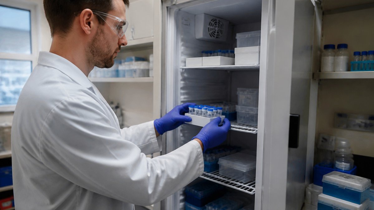 Laboratory technician storing vials for a research peptide supplier in a cold storage unit