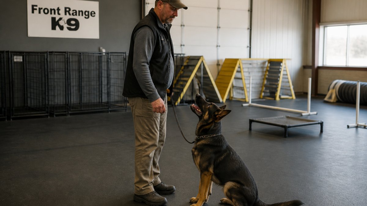 Professional trainer working with a dog in a facility to determine board and train worth through agility exercises.
