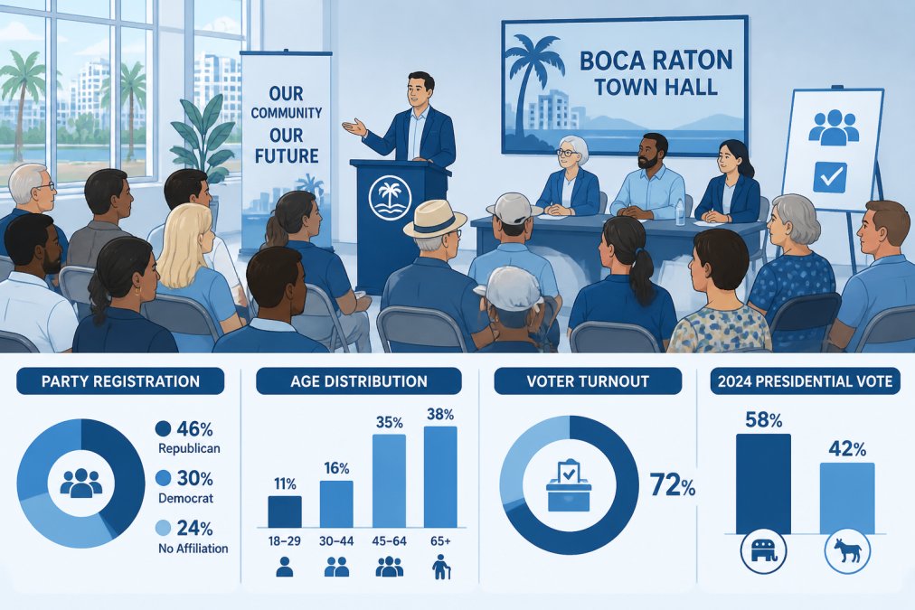 Is Boca Raton Liberal or Conservative? 2026 Guide 1 Multigenerational group of residents gathered at a community town hall meeting in Boca Raton, with diverse attendees seated in folding chairs, natural afternoon lighting streaming through windows, showing active civic participation