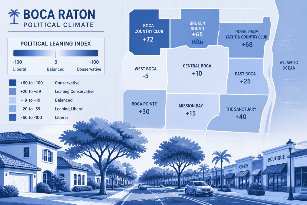 Is Boca Raton Liberal or Conservative? 2026 Guide 2 Tree-lined residential street in Boca Raton with well-maintained homes, manicured lawns, and community shops visible in background, afternoon sunlight creating dappled shadows, showing established neighborhood character