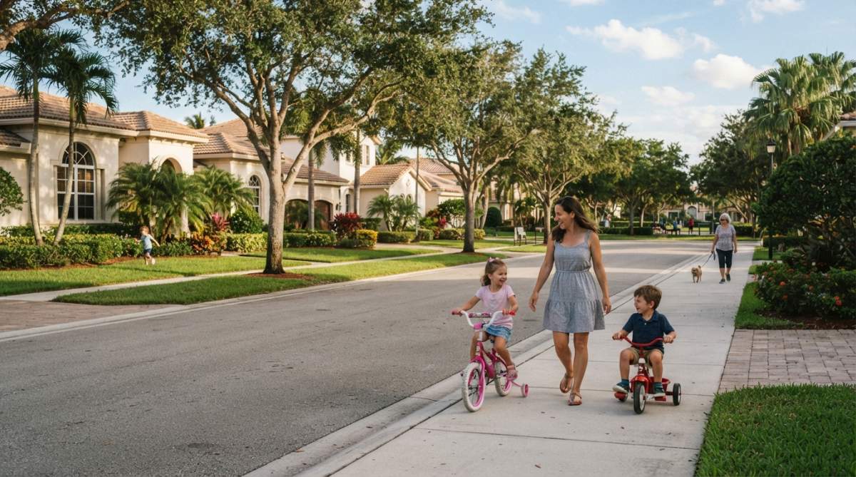 Is Boca Raton Safe for Families? 2026 Safety Guide 1 Residential street in gated Boca Raton community with tree-lined sidewalks, well-maintained homes, and families walking together in afternoon light
