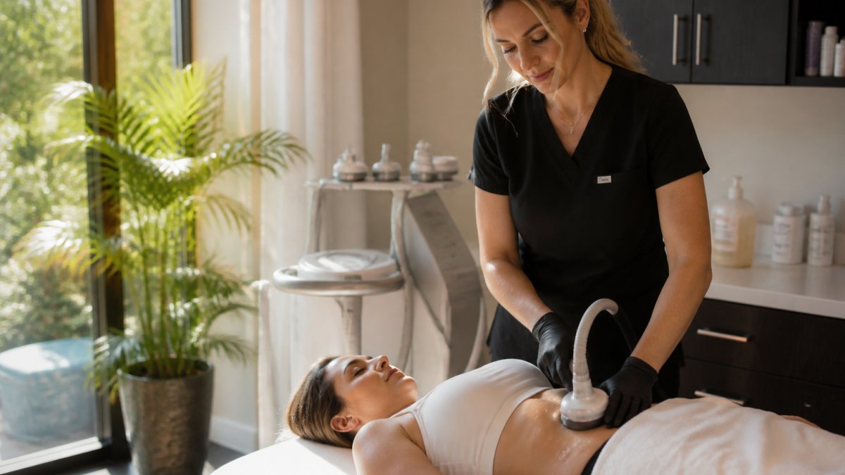 Professional aesthetician performing radiofrequency body contouring treatment on patient's abdomen in modern medical spa setting with advanced equipment visible and professional lighting