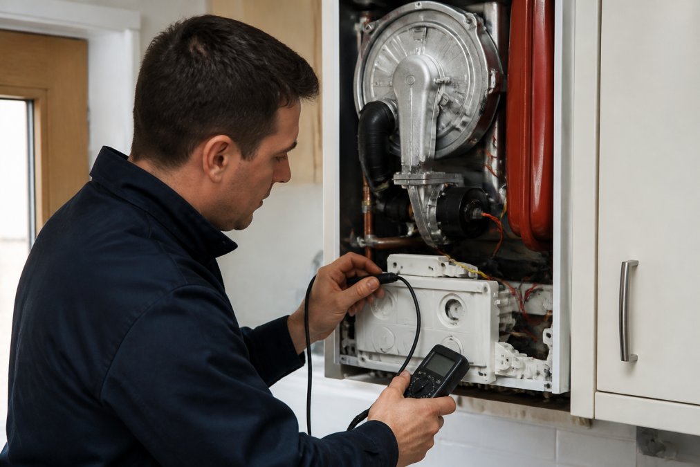 Gas Safe registered engineer in uniform using inspection tools and pressure gauges on a residential boiler system, checking combustion components and heat exchanger