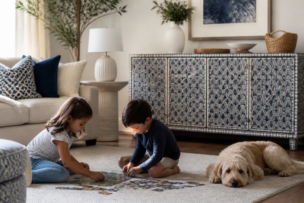 A bright modern living room with children playing on a rug nearby while a dog rests on the floor, a bone inlay buffet with an indigo arch pattern standing against the wall behind them