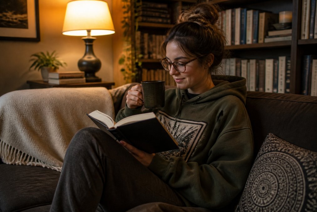 A young woman in an oversized military-green graphic hoodie and reading glasses curled up on a couch with a hardcover book, holding a coffee mug, warm lamp lighting, bookshelves and a cozy blanket in the background