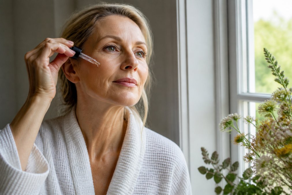 Woman in her 50s applying botanical serum to her face with dropper, natural light coming through a window, calm and focused expression