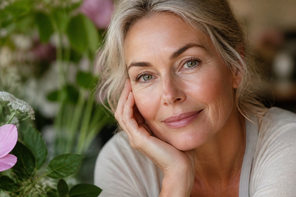 Close-up of mature woman's face showing radiant skin, with botanical elements like flower petals and plant leaves softly blurred in the background