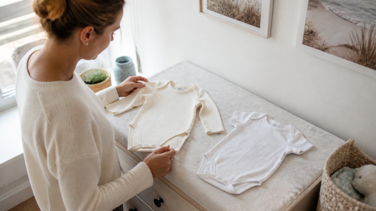 A parent in a bright coastal nursery comparing a soft organic cotton baby onesie with a basic budget-brand bodysuit, both laid out on a changing table